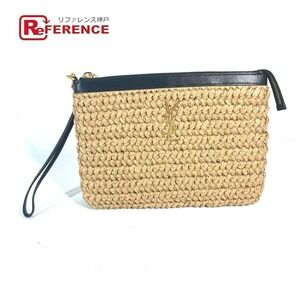 SAINT LAURENT PARIS YSL logo clutch bag strap raffia beige